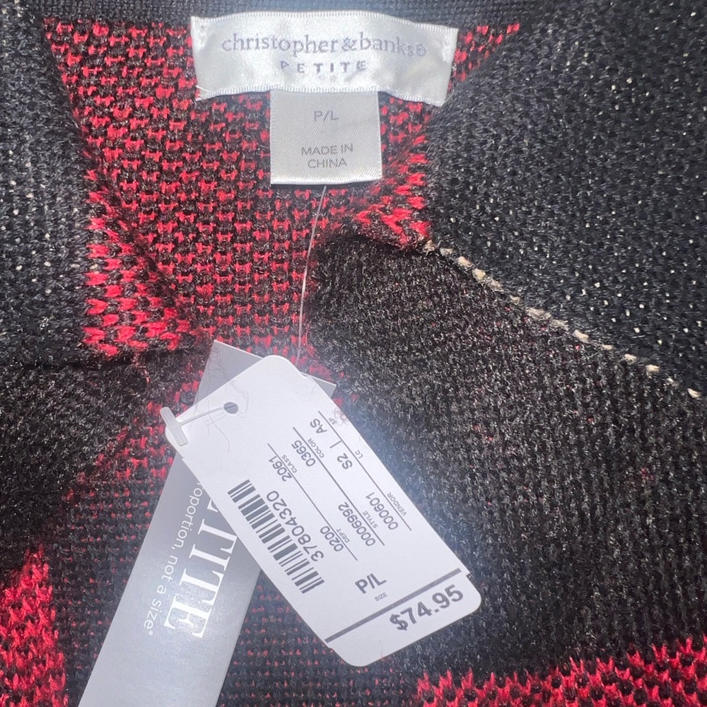 NEW Christopher & Banks Red and Tan Plaid Cardigan / Sweater Coat, Size PL - Picture 2 of 4